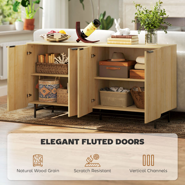 Meuble buffet cannelé avec étagères réglables, 5 pieds en métal pour cuisine et salon, bois naturel