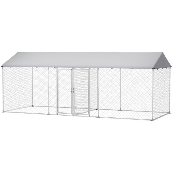Outdoor Dog Kennel with Two Rooms, Waterproof UV-Resistant Cover, Escape-Proof Lock, 19.7' x 7.5' x 7.5'