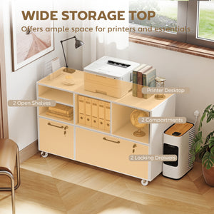 Mobile File Cabinet, 2-Drawer Lateral Filing Cabinet Printer Stand with Lock, Charging Station, Hanging Bars, White