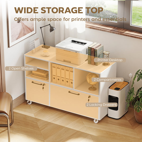 Mobile File Cabinet, 2-Drawer Lateral Filing Cabinet Printer Stand with Lock, Charging Station, Hanging Bars, White
