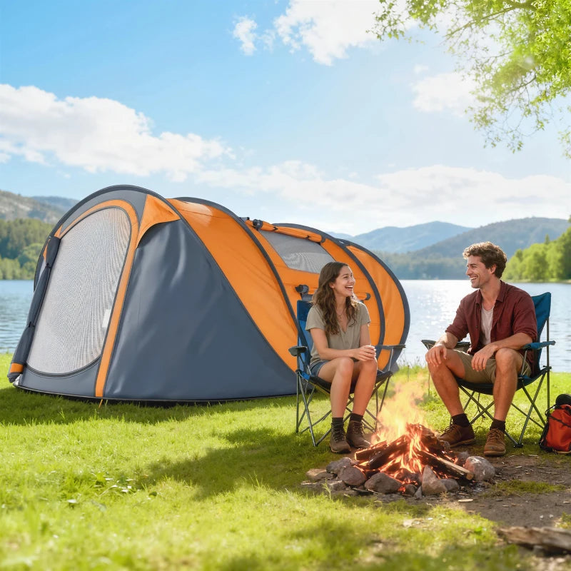 Tente de camping 2 personnes, tente pop-up facile à monter avec portes, fenêtres et sac de transport, montage automatique, orange