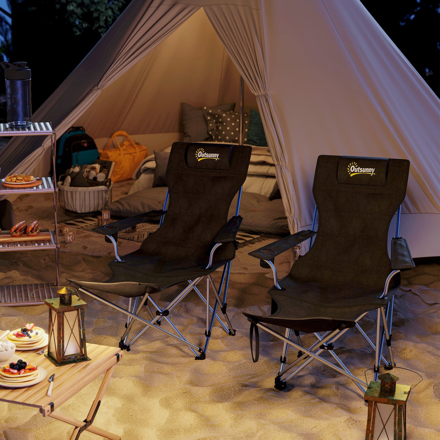 Outsunny Lot de 2 chaises de camping inclinables avec repose-pieds, chaise de camping pliante avec appui-tête, porte-gobelet, sac de rangement, noir