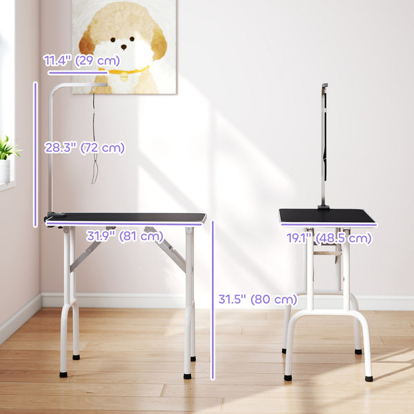 Foldable grooming table with adjustable arm and non-slip surface, black