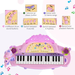 Piano électronique avec microphone et tabouret rose/mauve