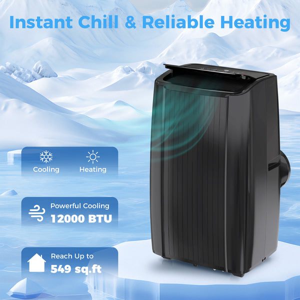 12,000 BTU 5-in-1 Portable Air Conditioner with Cooling, Heating, Dehumidifying, Fan, Sleep Mode, Wi-Fi Voice Control, Black