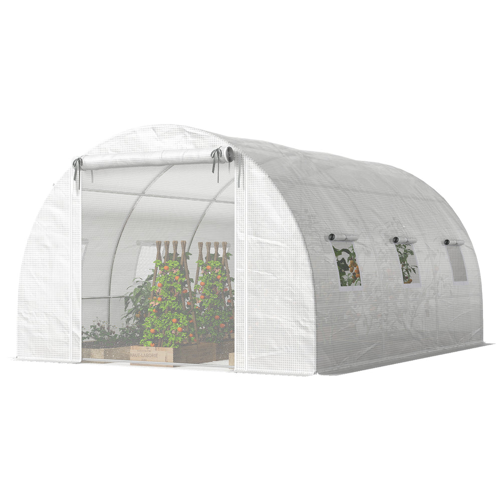 White heated tunnel greenhouse for plants with support bars