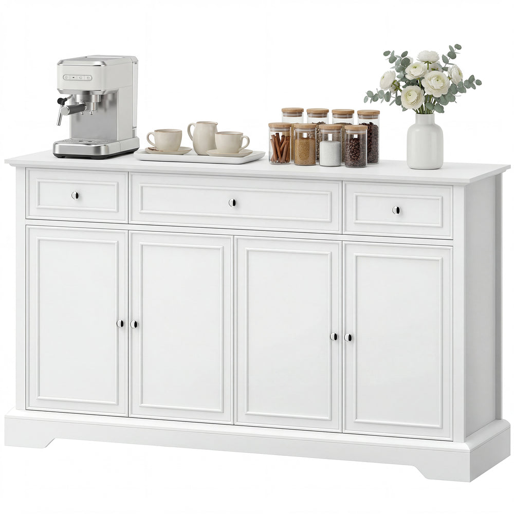 Buffet de rangement de cuisine avec portes à fermeture amortie, 3 tiroirs et 2 étagères réglables, blanc