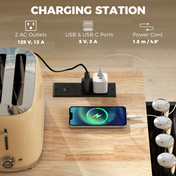 Îlot de cuisine mobile avec abattant, rangement et station de recharge – Noir et chêne