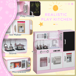 Cuisine enfant avec tableau noir, machine à glaçons, téléphone, évier et micro-ondes, rose