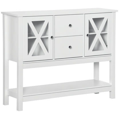 Meuble buffet à portes vitrées avec tiroirs de rangement et étagères réglables, table console pour salon, cuisine, entrée, blanc