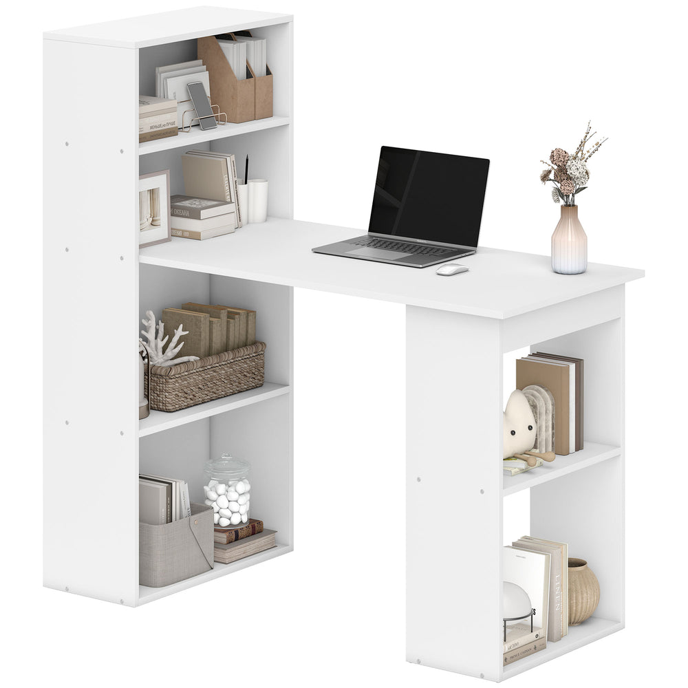 Bureau d'ordinateur moderne avec étagères de rangement, blanc