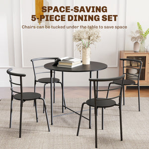 Dining set for 4 people with metal frame, black wood finish.
