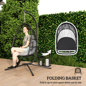 Balancelle en osier avec support, pliable et suspendue, coussin résistant aux UV et appui-tête, gris foncé