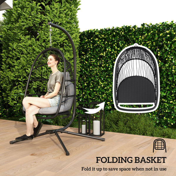 Balancelle en osier avec support, pliable et suspendue, coussin résistant aux UV et appui-tête, gris foncé