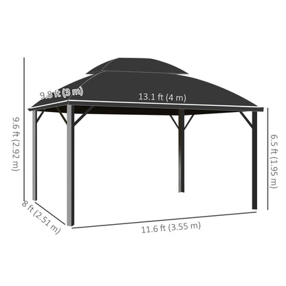 Gazebo 13' x 10', abri extérieur à double toit avec rideaux et cadre en aluminium, noir