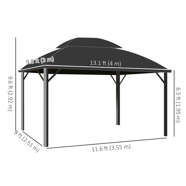 Gazebo 13' x 10', abri extérieur à double toit avec rideaux et cadre en aluminium, noir