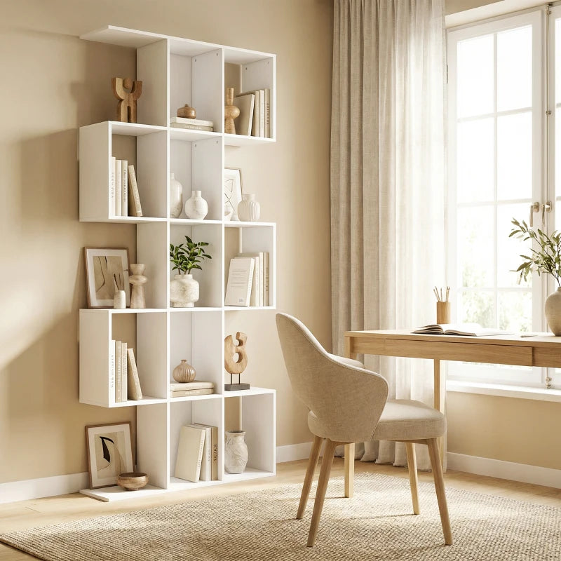 Bibliothèque à 5 niveaux géométrique en forme de S avec 15 compartiments, aspect bois blanc