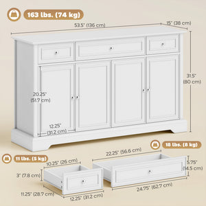 Buffet de rangement de cuisine avec portes à fermeture amortie, 3 tiroirs et 2 étagères réglables, blanc