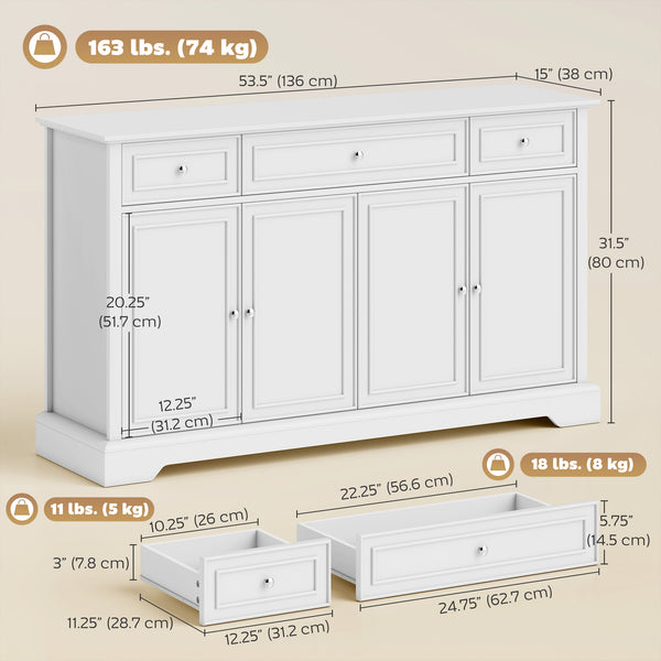 Buffet de rangement de cuisine avec portes à fermeture amortie, 3 tiroirs et 2 étagères réglables, blanc