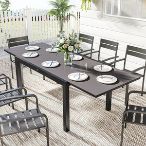 Expandable Outdoor Dining Table, 55"-95" Patio Table with Tempered Glass Top and Aluminum Frame, Black