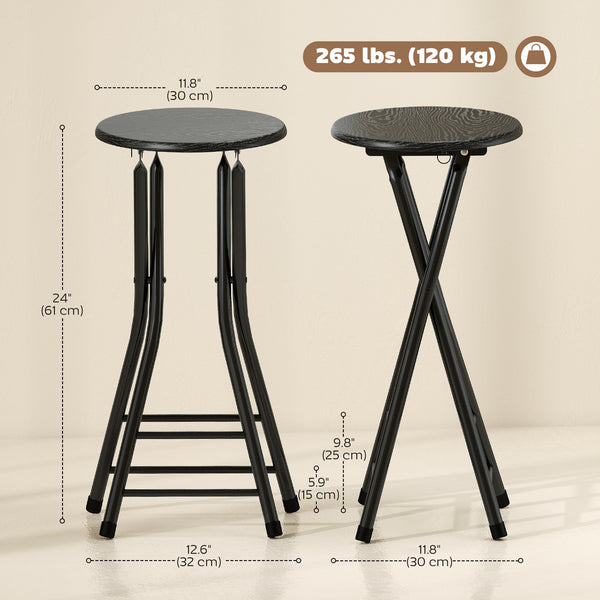 Set of 4 Foldable Barstools, Counter Height Bar Stools with Footrest and Steel Legs for Kitchen Island, Black