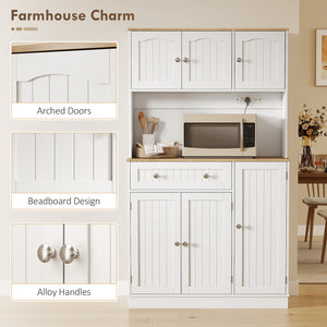 68" Storage Cabinet with Charging Station, Microwave Mount, 4 Door Shelves, White