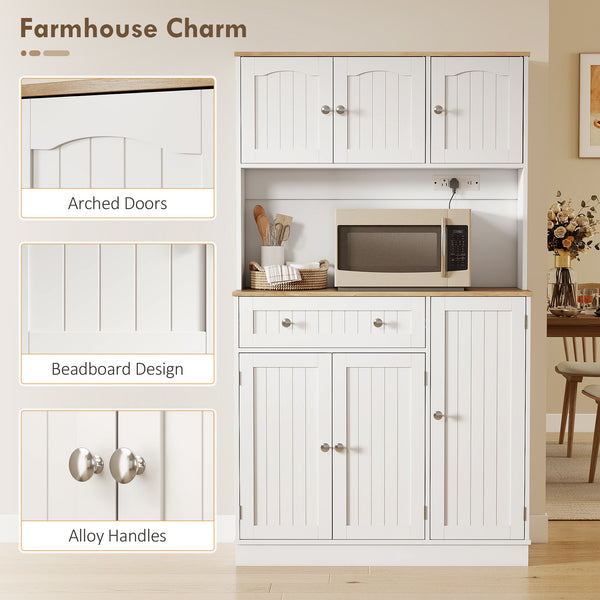 68" Storage Cabinet with Charging Station, Microwave Mount, 4 Door Shelves, White