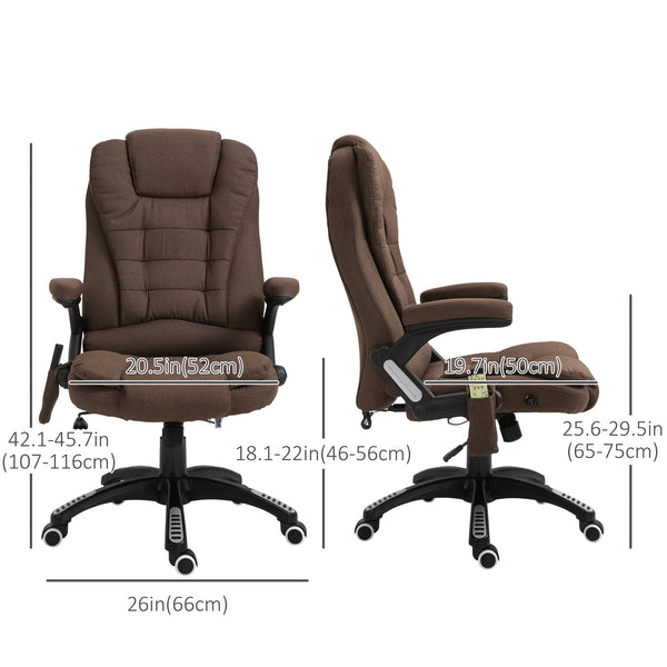 Reclining massage office chair with high back and swivel casters, brown