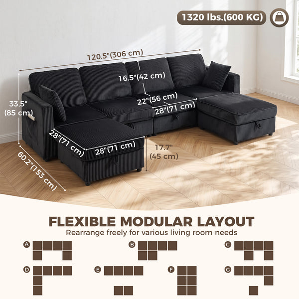 Canapé en velours côtelé en forme de U avec pouf de rangement double, rangement sous l'assise, 4 coussins, gris foncé