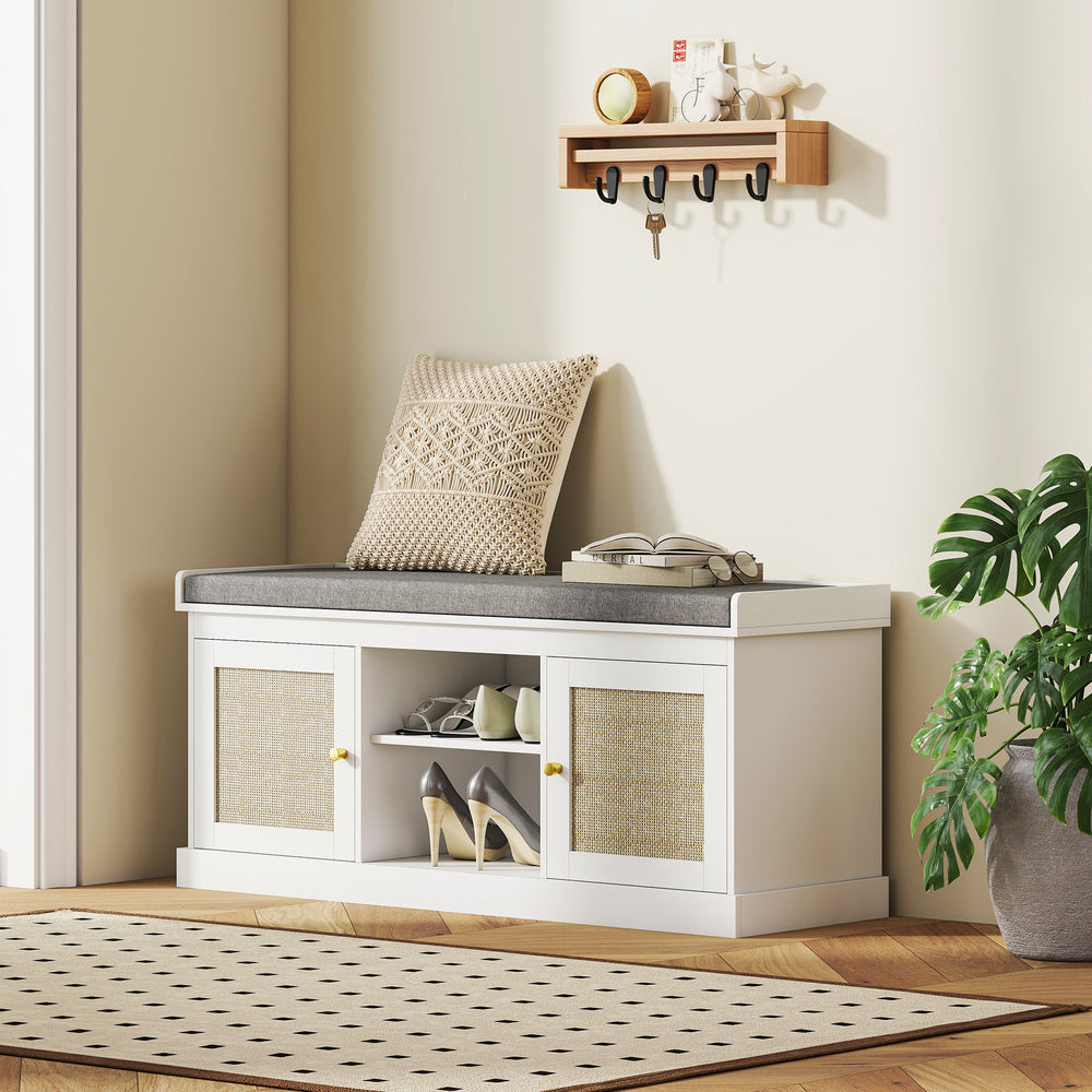 Banc à chaussures avec coussin rembourré, étagères réglables, peut contenir 9 paires, blanc