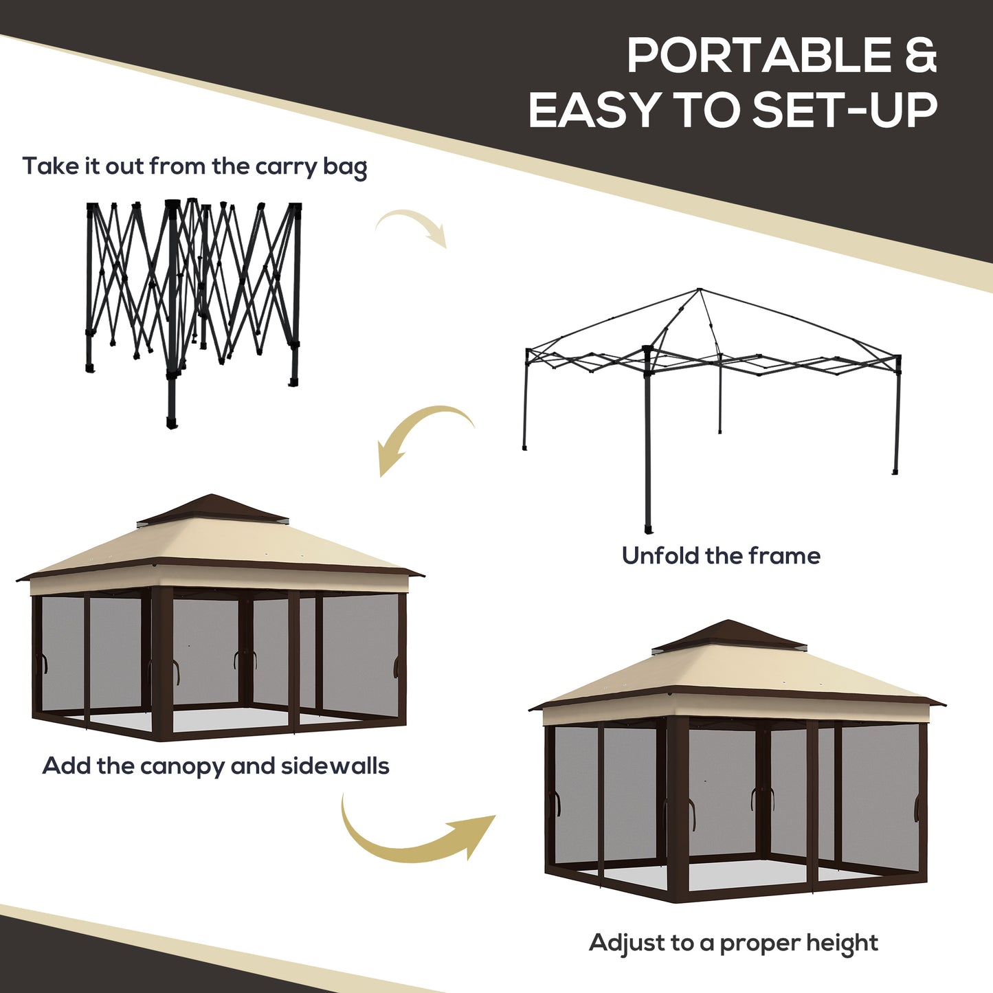 Gazebo pliant 3,3 x 3,3 m réglable avec toit UV30+, rideaux en maille amovibles, beige