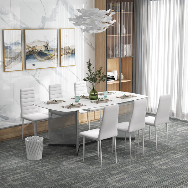 Set of 6 high-back faux leather chairs with metal legs, white