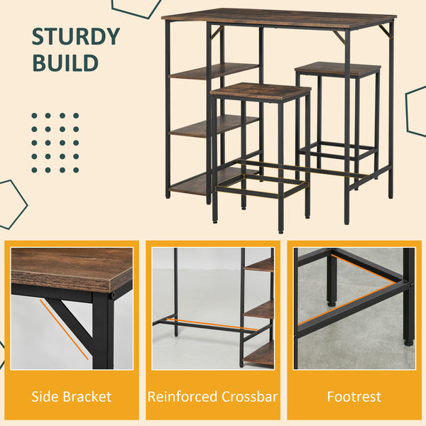 Ensemble table et chaises de cuisine style industriel pour 2 personnes, comprenant une table de bar et des tabourets, marron rustique.