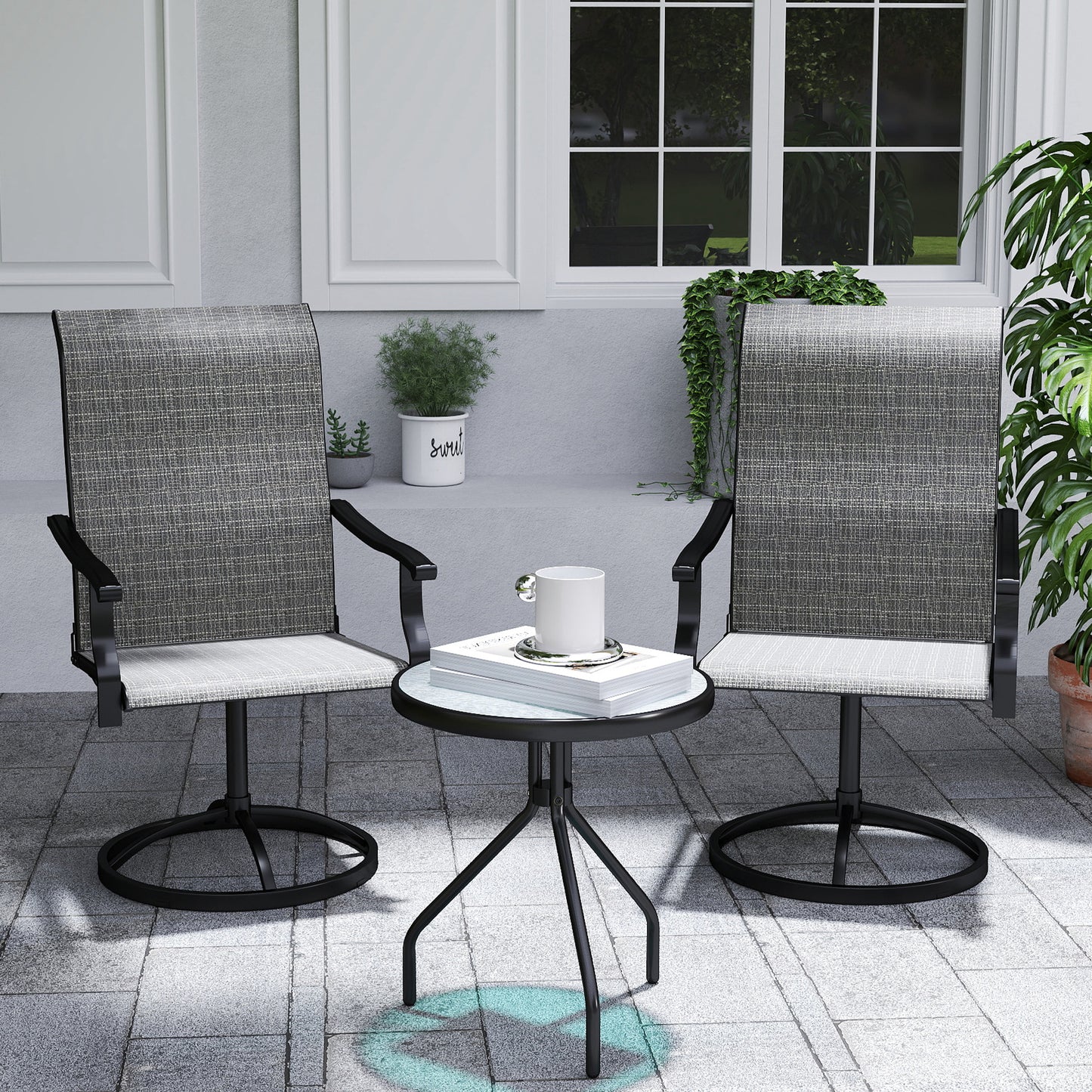 Lot de 2 chaises de salle à manger pivotantes d'extérieur, dossier haut et filet toutes saisons, gris