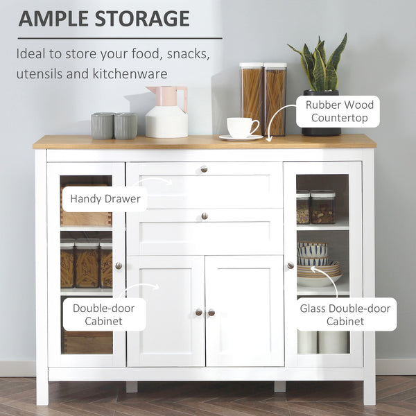 Buffet avec 2 tiroirs, 3 placards, portes vitrées et étagères réglables, blanc