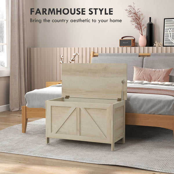 Farmhouse-style storage chest with safety hinge