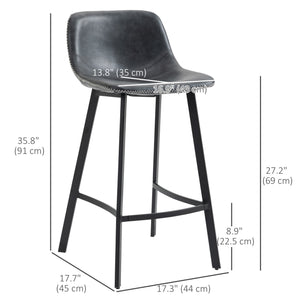 Set of 2 padded bar stools with backrest and steel legs, black