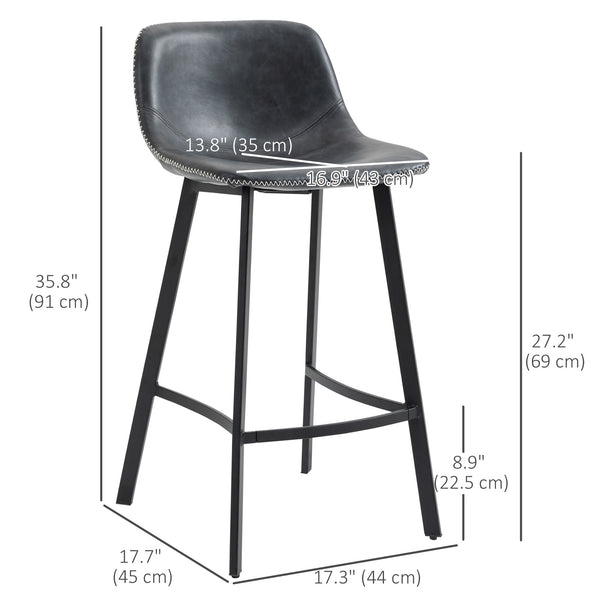 Set of 2 padded bar stools with backrest and steel legs, black