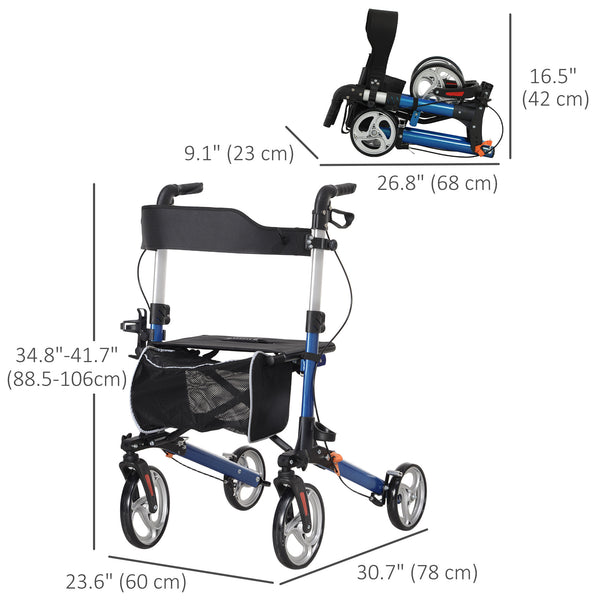 Déambulateur pliable léger avec grand siège, dossier et poignée réglable bleu