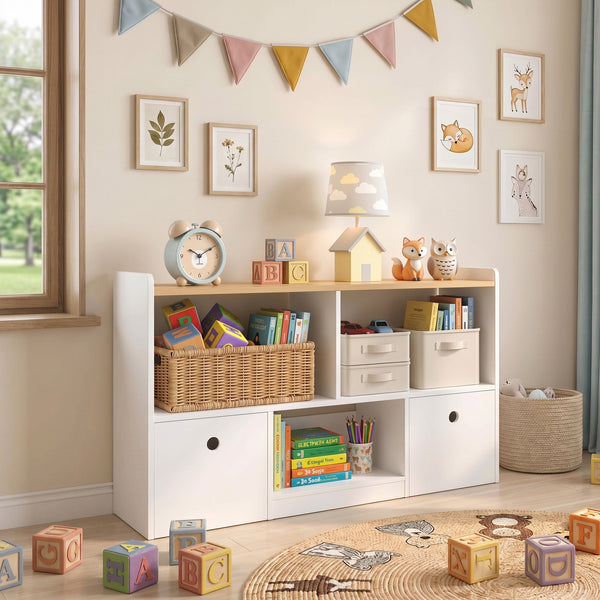 Rangement pour jouets avec 2 tiroirs amovibles et 3 compartiments, blanc.