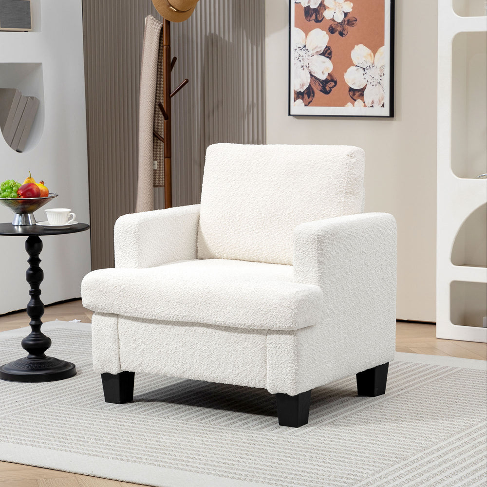 Fauteuil moderne rembourré en chenille avec structure en bois et coussin de dossier, blanc crème