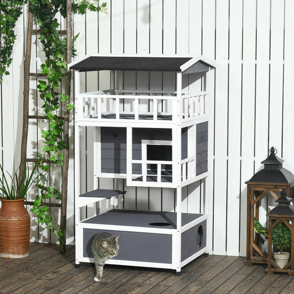 Maison pour chats à 4 étages en bois avec niche et perchoir, grise