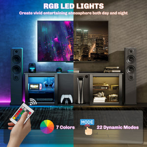 Meuble TV avec éclairage LED avec étagères en verre réglables, pour téléviseurs jusqu'à 65 pouces, noir