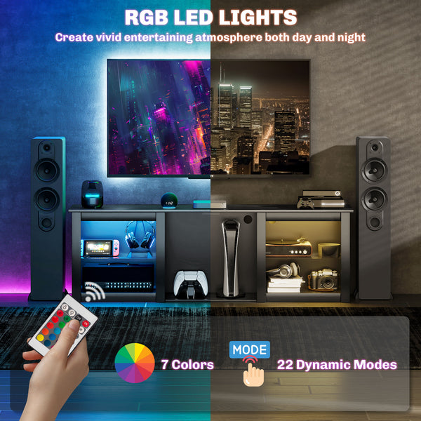 Meuble TV avec éclairage LED avec étagères en verre réglables, pour téléviseurs jusqu'à 65 pouces, noir