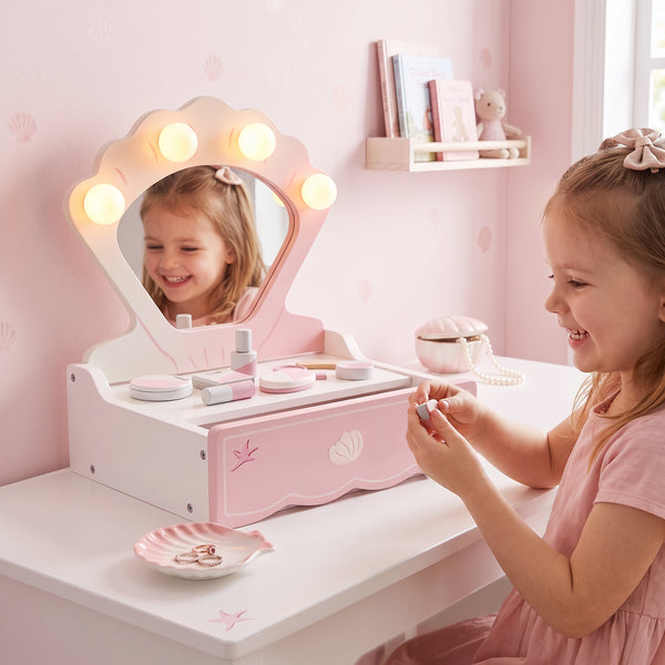 Coiffeuse de jeu pour enfant avec miroir lumineux, tiroir et 8 accessoires