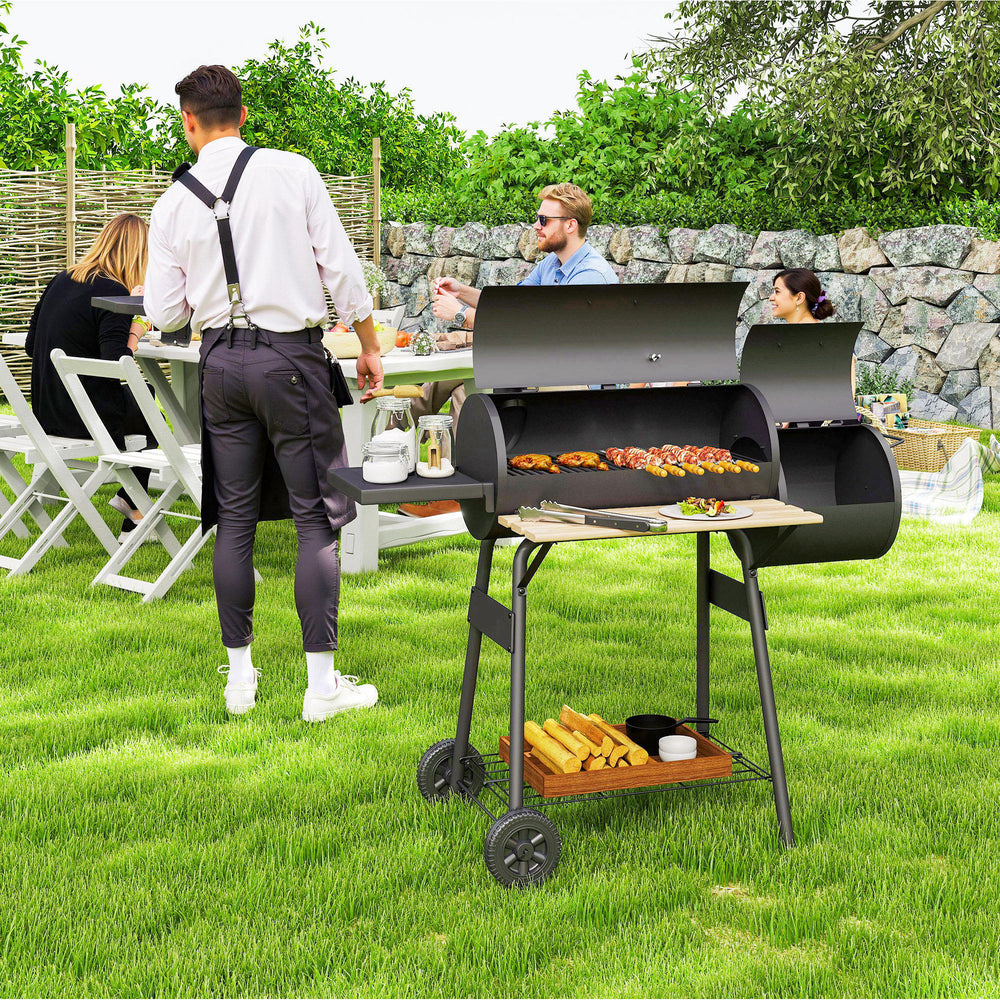 Charcoal BBQ Grill with Offset Smoker Portable Backyard Cooking Smoker, 124 x 53 x 104 cm, Black