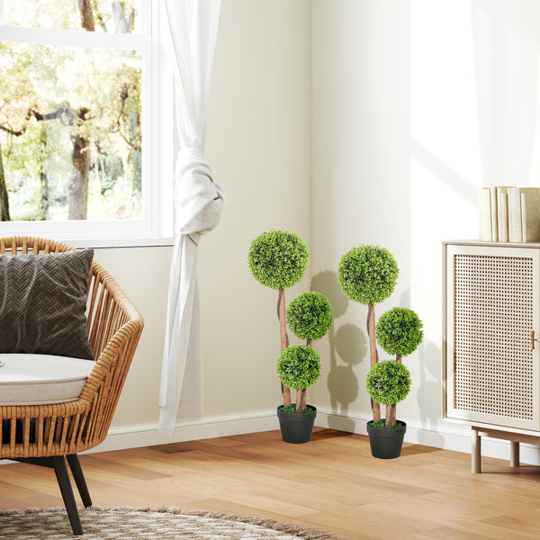 Ensemble de 2 arbres artificiels en buis à 3 boules de 90 cm avec pots – Vert clair