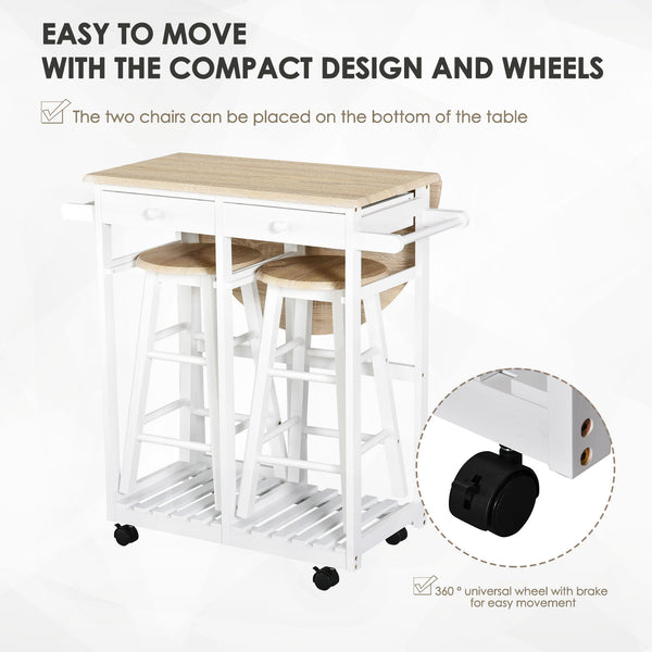 3-piece kitchen trolley including a drop-leaf breakfast table and 2 stools, in wood and white.