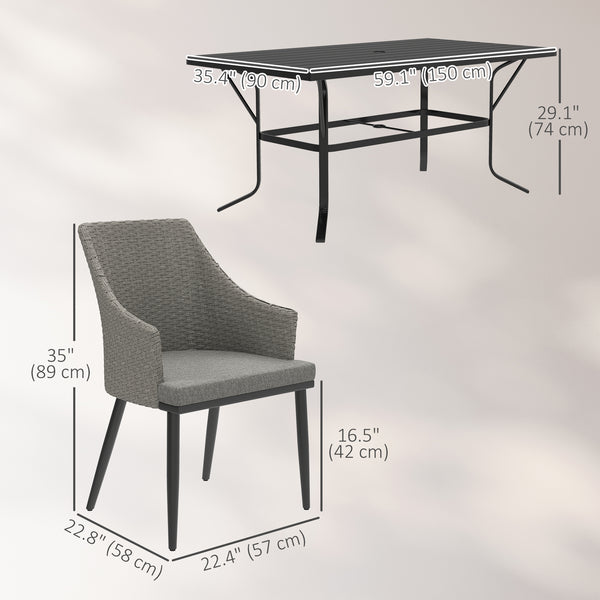 Ensemble de meubles de jardin 7 pièces en osier avec coussins, trou pour parasol, plateau à lattes, pour jardin, véranda, balcon