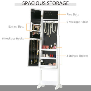 Armoire à bijoux sur pied avec miroir éclairé, angle réglable et 16 LED, blanc chaud